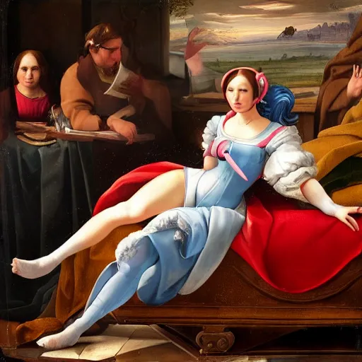 Prompt: renaissance painting of D.Va (overwatch) sitting on her bed