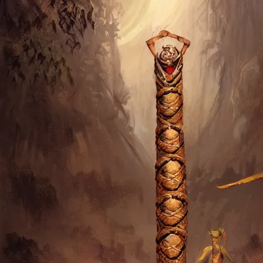 Image similar to a mummy with a snake head, bound on a totem, by greg rutkowski, in the style of magic the gathering