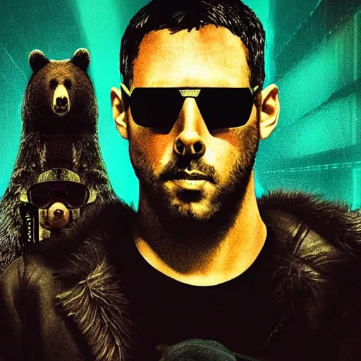 Prompt: still of an artwork with a portrait photo of a bear wearing sunglasses, black background, neon style lighting in the movie Blade Runner 2049, HD, synthwave, highly detailed