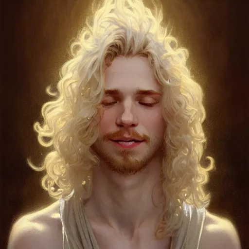 Prompt: A pregnant pale blond young man with closed eyes smiling, very detailed face, long fluffy curly blond hair, light blond hair, gorgeous, beautiful, intricate, highly detailed, digital painting, artstation, concept art, sharp focus, illustration, art by greg rutkowski and alphonse mucha