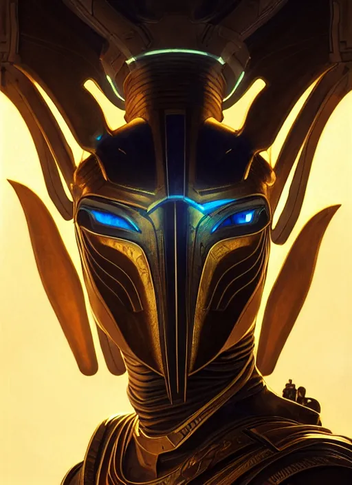 Image similar to portrait of an Anubis, sci-fi armour, tech wear, glowing lights!! sci-fi, intricate, elegant, highly detailed, digital painting, artstation, concept art, smooth, sharp focus, illustration, art by artgerm and greg rutkowski and alphonse mucha