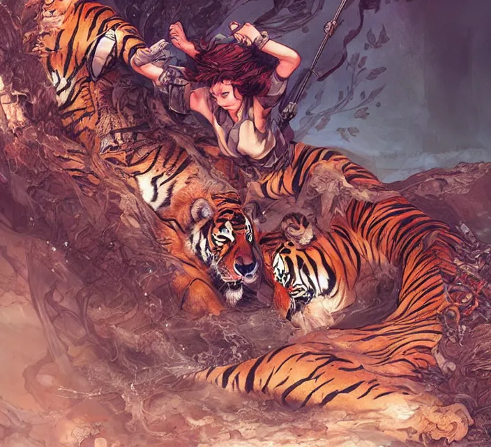 Image similar to a girl fighting a tiger, full shot, visible face, ambient lighting, detailed, art by ayami kojima, makoto shinkai, kilian eng