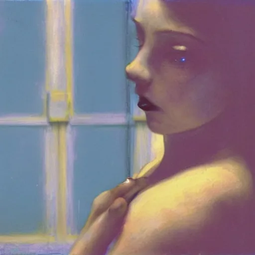 Image similar to close up of a girl in a blue and gold haunted liminal abandoned room, film still by edward hopper, by gottfried helnwein, by klimt, art noveau, highly detailed, strong lights, liminal, eerie, bright pastel colors,