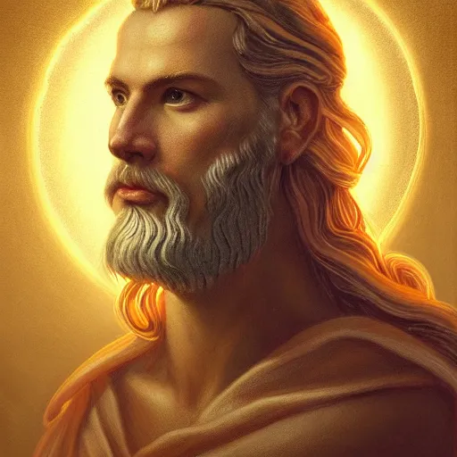 Image similar to majestic gracious regal deity zeus portrait, ancient greece, atmospheric lighting, painted, intricate, volumetric lighting, beautiful, rich deep colours masterpiece, golden hour, sharp focus, ultra detailed, by leesha hannigan, ross tran, thierry doizon, kai carpenter, ignacio fernandez rios