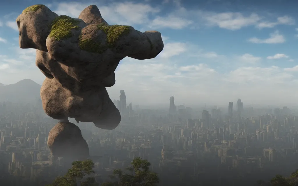 Prompt: the stone giant over the big city on the horizon. beautiful, realistic, 4K