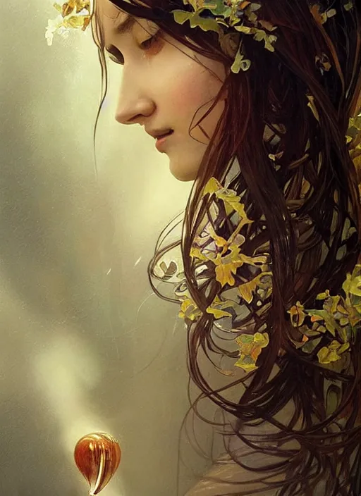 Image similar to portrait of a stunningly beautiful water drop, highly detailed, 3 5 mm photo, artstation, concept art, sharp focus, 2 8 mm macro photo, art by artgerm and greg rutkowski and alphonse mucha, incredibly beautiful and symmetrical, award winning art, royal