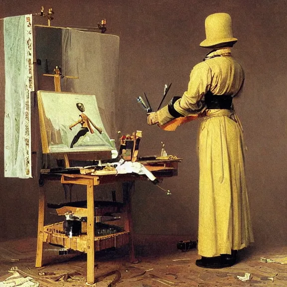 Image similar to robot artist painting a self - portrait on a canvas. intricate, highly detailed, photorealistic, film still, by carl spitzweg.