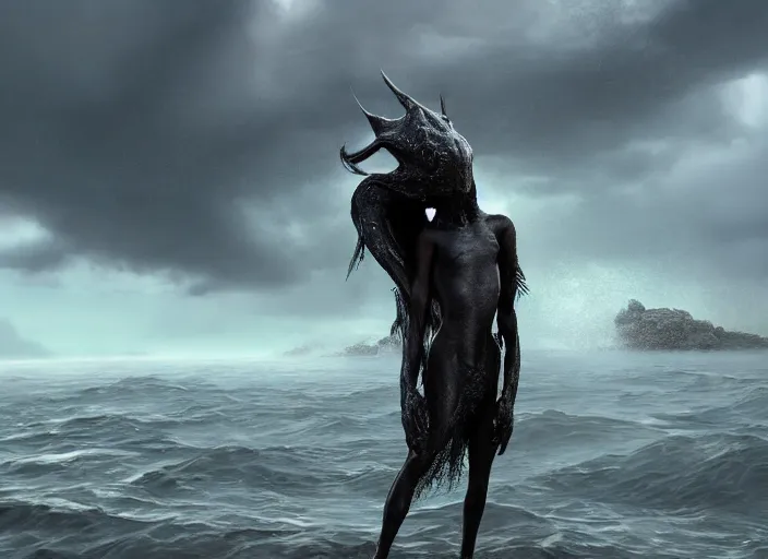 Image similar to a stunning cinematic extreme wide shot of an adorable confused slick sleek smooth humanoid sea monster wearing clothes made of seaweed on a dark stormy beach, well designed perfect with huge luminous sad eyes, sharp claws, cgsociety, hd octane render, fantasy, furry art, artstation, deviantart, furaffinity, very very clean, super clean, thunderclouds