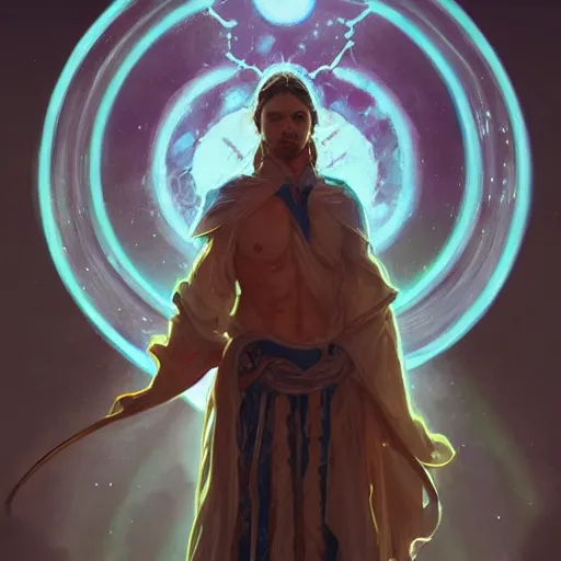 Image similar to bioluminescence portrait of a male wizard of the sun, D&D, fantasy, elegant, pale, highly dvetailed, digital painting, artstation, concept art, smooth, sharp focus, illustration, art by artgerm and greg rutkowski and alphonse mucha
