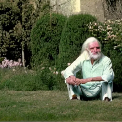 Prompt: long white hair old man with green shirt and white short, sitting in ile de re house garden, film still of plein soleil ( 1 9 6 0 )