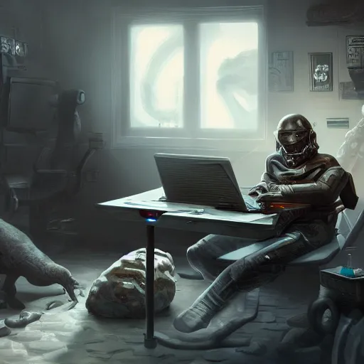 Image similar to realistic man using laptop in gaming room, artstation trends, sci fi concept art, highly detailed, intricate, sharp focus, digital art, 8 k