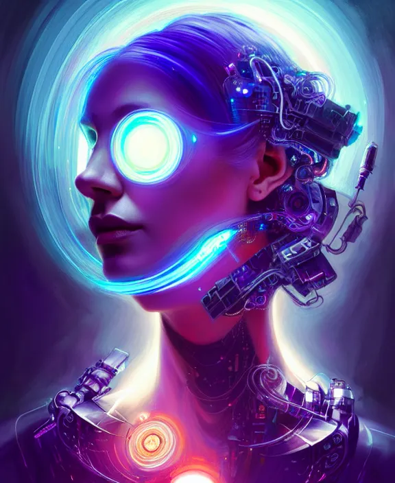 Image similar to a whirlwind of souls rushing inside the metaverse, hologram, half body, neurochip, shaved temple, piercing, jewelry, android, cyborg, cyberpunk face, by loish, d & d, fantasy, intricate, elegant, highly detailed, colorful, digital painting, artstation, concept art, art by artgerm and greg rutkowski and alphonse mucha