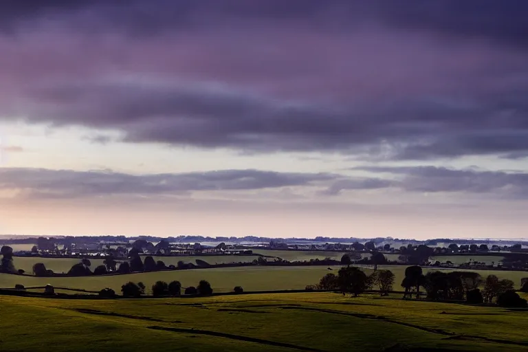 Prompt: A landscape photograph showing the city of Salisbury viewed from Old Sarum at sunrise, lighting by Albert Bierstadt, misty!!!, beautiful light, cinematic, morning light, dawn, English countryside, award winning photography, highly detailed, 24mm, fujifilm