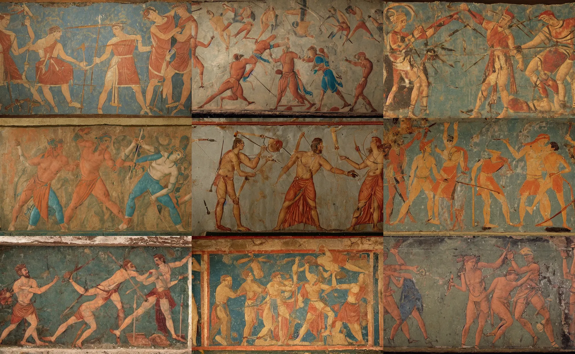 Prompt: antique fresco of the fight between spax, the god of screws and goddess guiot, the goddess of fertility