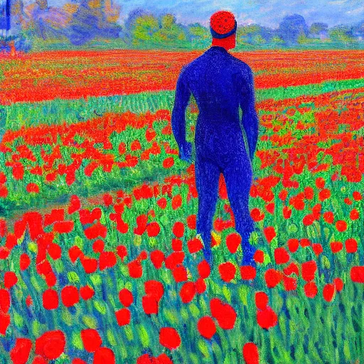 Prompt: Monet painting of Spiderman in a field of roses and tulips, back turned