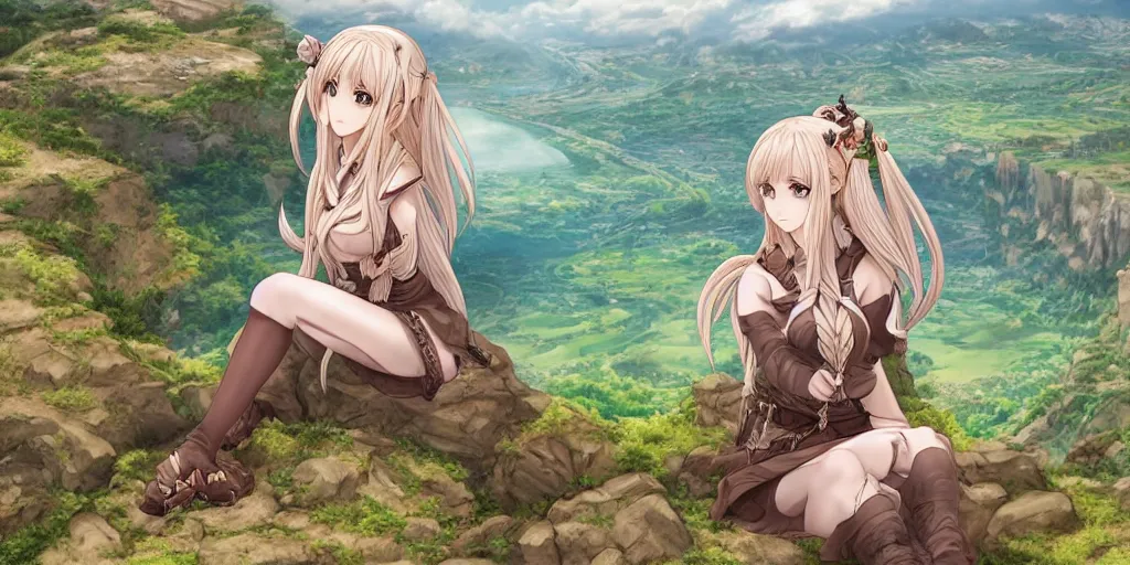 Image similar to alluring highly detailed manga line art wide-angle portrait of (1) a beautiful high-elf girl sitting on the edge of a cliff overlooking a fantasy valley, very detailed, realistic