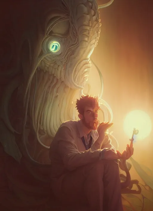 Image similar to highly detailed portrait of cthulu, stephen bliss, unreal engine, greg rutkowski, loish, rhads, beeple, makoto shinkai and lois van baarle, ilya kuvshinov, rossdraws, tom bagshaw, alphonse mucha, global illumination, god rays, detailed and intricate environment