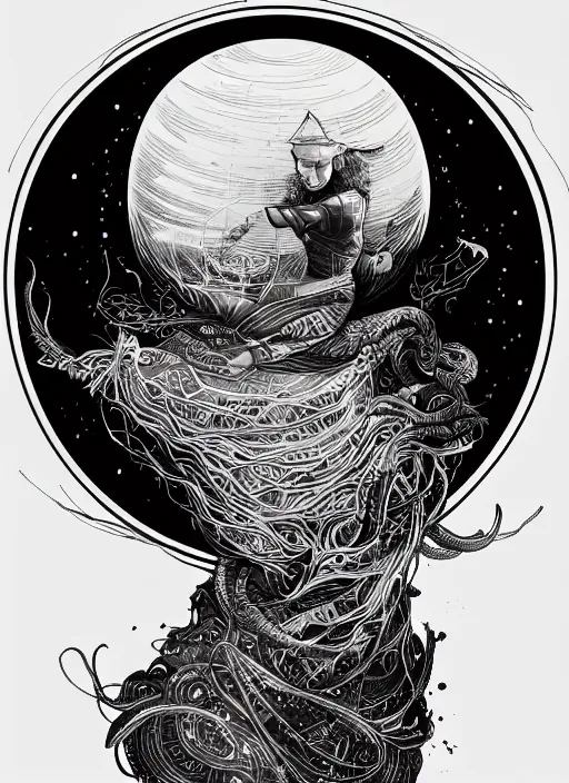 Image similar to black ink line art drawing, wizard looking into crystal ball, high details, intricately detailed, by vincent di fate, artgerm julie bell beeple, inking, screen print