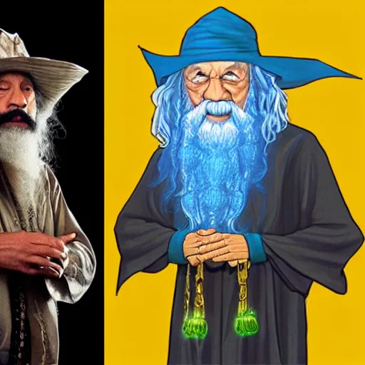 Image similar to Cheech & Chong as Dumbledore and Gandalf, Full-Wizard smock and hat, wizard's chain-necklace and spell scepter