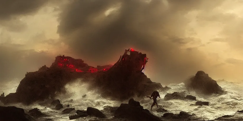 Prompt: “ a roman in a red tunic crawls from the ocean onto a rocky beach ” “ wreckage of a trireme in ocean ” “ stormy seas, lightning, fog, waves ” dark fantasy, cinematic, very detailed, mist, volumetric lighting, golden ratio, vivid, trending on artstation, 4 k matte painting,