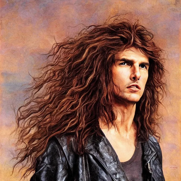 Prompt: Pre-Raphaelite portrait of Tom Cruise as the leader of a cult 1980s heavy metal band, with very long blond hair and grey eyes, leather jacket. high saturation