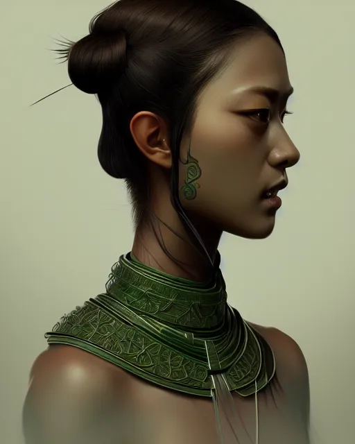 Image similar to symmetry, samurai, lines, brown skin, green iris, machine face, intricate, elegant, highly detailed, digital painting, artstation, cgsociety, concept art, octane render, smooth, sharp focus, illustration, art by camille corot and karol bak and kim tschang yeul, 8 k