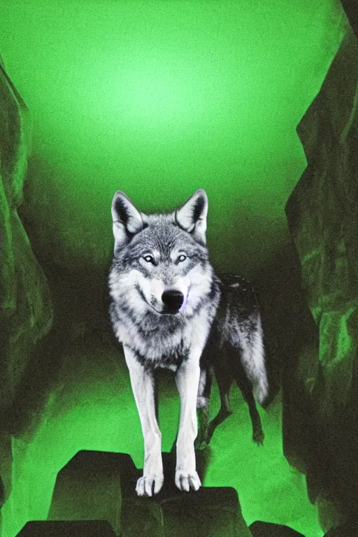 Image similar to a wolf standing at the opening of a green glowing cave howling in a 7 0 s style illusion