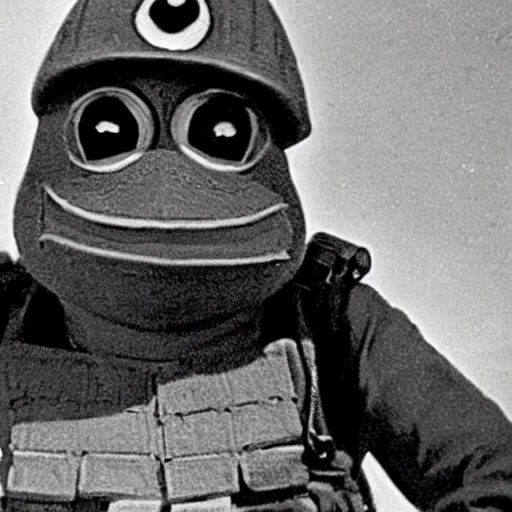 Image similar to a close up photo of pepe the frog in ww 2, historical photo,