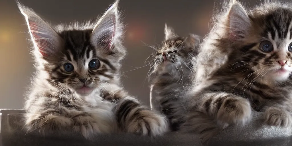 Image similar to a 3 d rendered movie still maine coon kitten descendant 1 million in the future. kitten wears a spacesuit, and explores cosmos in a space ship with a cat tree. science fiction blockbuster movie kittens rule the world or what's on tv? kittens!, dramatic lighting, imax 7 0 mm. buzz lightyear, ue 5, octane render.