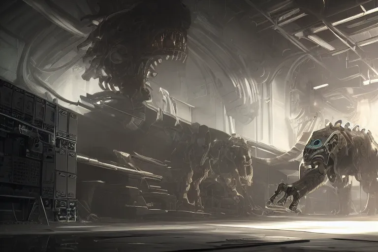 Image similar to robosaurus parallax datacenter server room interior single mono colossus white rusty robot sitting artstation cinematic detailed concept art volumetric light sharp coherent cgsociety symmetric perfect well balanced shadows lotr servers