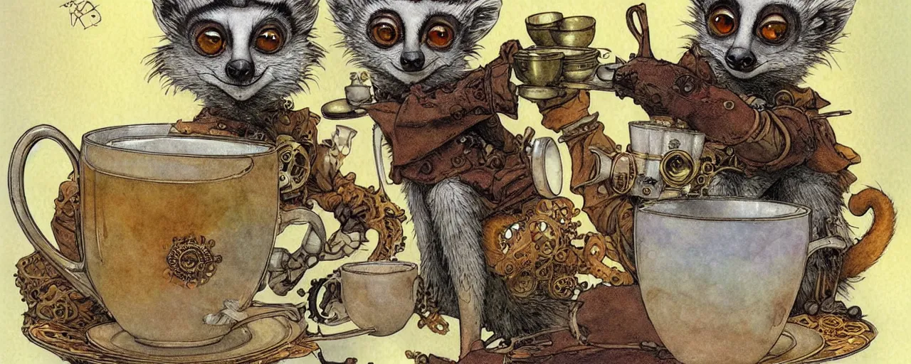 Image similar to an steampunk lemur having a cup of tea, muted colors, by rebecca guay, michael kaluta, charles vess and jean moebius giraud