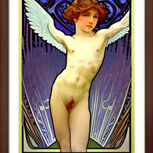 Prompt: ultra realistic illustration of young winged boy angel, detailed, full body, male body, full body, elegant study, art nouveau poster by alphonse mucha