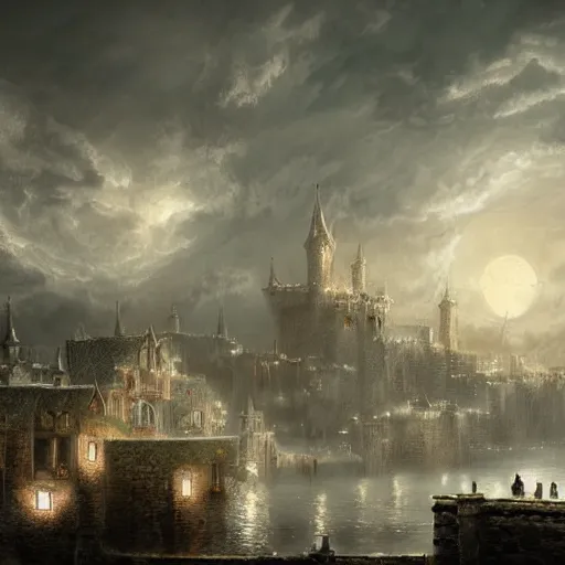 Prompt: medieval city floating above a sea in the moonlight with some puffs of clouds with a dark and gloomy theme, ultra fine detail, concept art, matte painting,