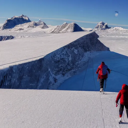 Prompt: two climbers walking on ice surface with a view of the red star.