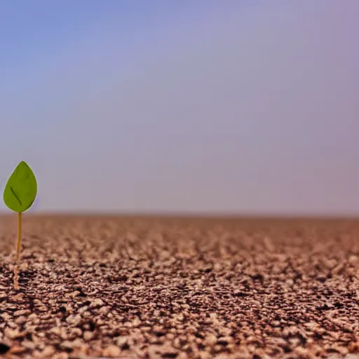 Prompt: a single lone sprout grows in a barren desert, the horizon is visible in the background, low angle 8k HD nature photo