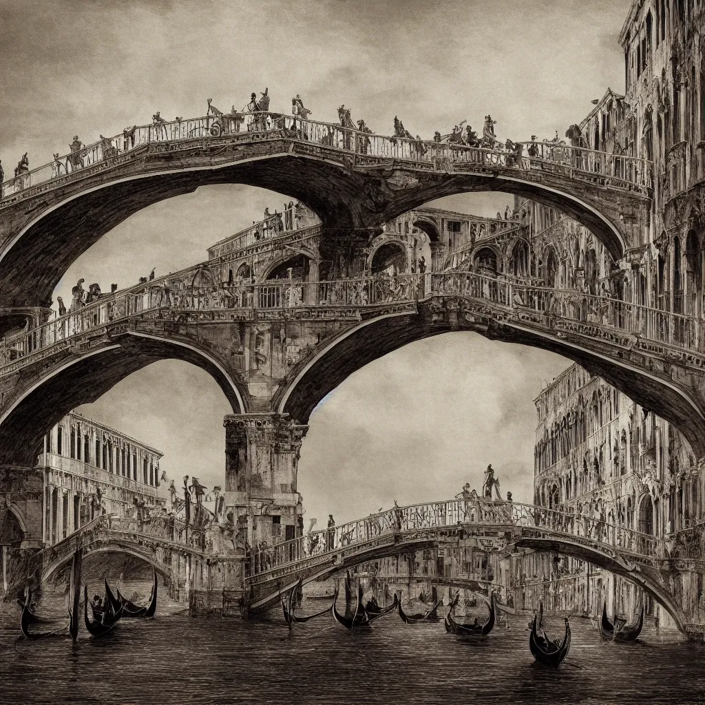 Image similar to the bridges of venice by piranesi, composition, cinematic, rule, grid