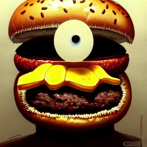 Image similar to a onster with a head like a hamburger, burger with human eyes, burger with human mouth, teeth, very detailed eyes, french fries as arms, character concept art, fantasy, intricate, fantasy drawing, illustration, highly detailed, hyperrealistic, cgsociety, artstation, oil painting by greg rutkowski, by artgerm