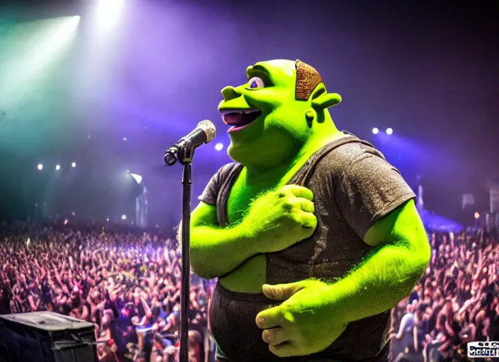 Image similar to photo still of shrek at the vans warped tour 2 0 1 8!!!!!!!! at age 3 6 years old 3 6 years of age!!!!!!!! getting lit in the pit, 8 k, 8 5 mm f 1. 8, studio lighting, rim light, right side key light