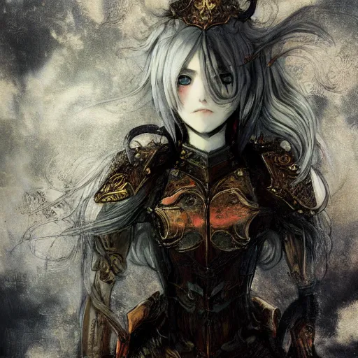 Prompt: yoshitaka amano style blurred and dreamy illustration, renaissance oil portrait, realistic anime girl with white hair and black eyes wearing elden ring style armor with engraving, highly detailed, ruined throne room in the background, strange camera angle, three - quarter view, noisy film grain effect