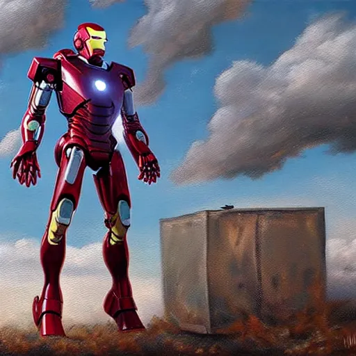 Image similar to Photorealistic oil painting of a scrap built Iron Man suit flying in a Post Apocalyptic world