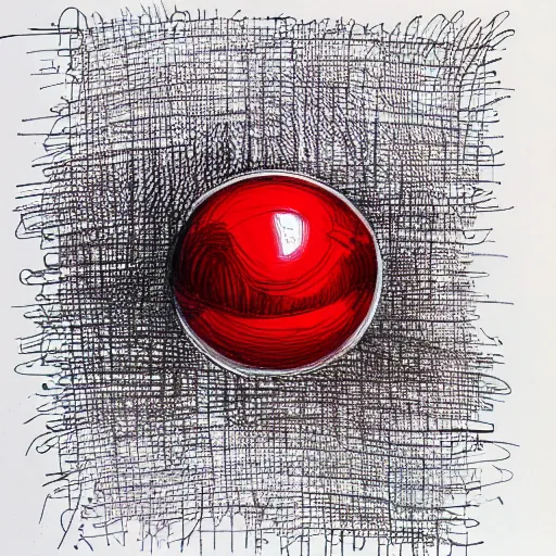 Prompt: chrome spheres on a red cube, drawn with fountain pen