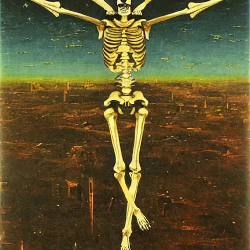 Image similar to jesus skeleton on earth inside a thermonuclear blast in the style of Max Ernst