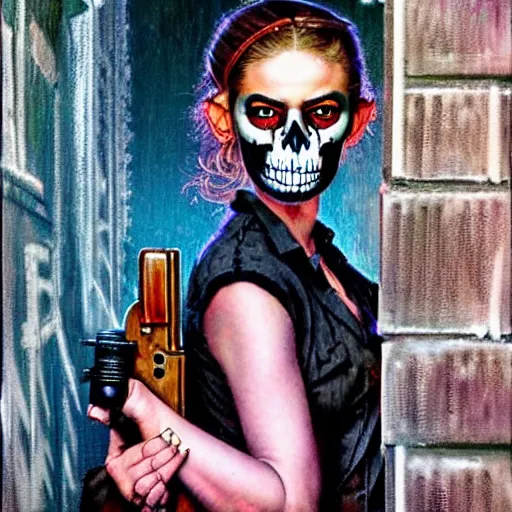 Prompt: in the style of Norman Rockwell and Thomas Kinkade, Samara Weaving with skull face paint, symmetrical face, symmetrical body, natural hands and arms, holding a shotgun, in a battle pose, in an alleyway during The Purge, night time dark with neon colors, fires