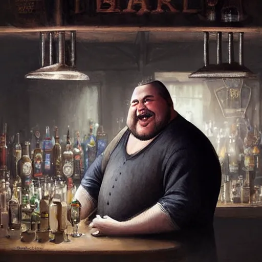 Prompt: portrait of a happy fat man dressed in a medieval tunic standing behind a bar, detailed face, fantasy, highly detailed, cinematic lighting, digital art painting by greg rutkowski