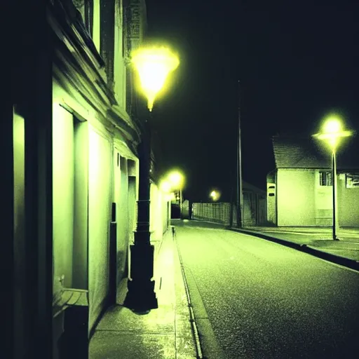 Image similar to Beautiful cameraphone, soft liminal Photograph of estate road, hedge night, streetlight.