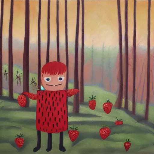 Prompt: painting of a man wearing a strawberry costume, forest in the background