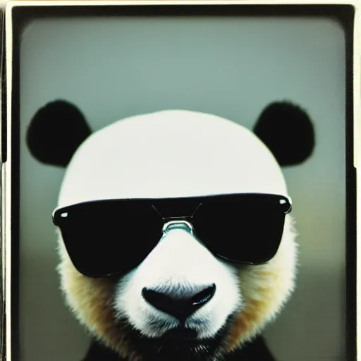 Image similar to grainy head to shoulder portrait polaroid film photograph of a panda in a mall wearing aviator shades. super resolution. surreal. extremely detailed. polaroid 6 0 0 film. by annie leibovitz and richard avedon