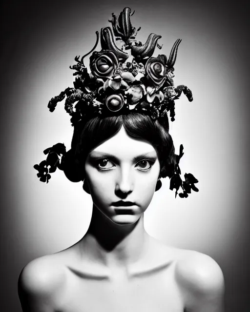 Image similar to a black and white high quality dreamy photo of a young beautiful female queen-pale dragon-vegetal-cyborg bust with a very long cyborg neck and a steampunk flower crown, elegant, highly detailed, poetic, soft, dreamy, mysterious, high fashion, in the style of Horst P. Horst, Metropolis, Realistic, Refined, Digital Art, Highly Detailed, Cinematic Lighting, rim light, black and white, photo-realistic, 8K