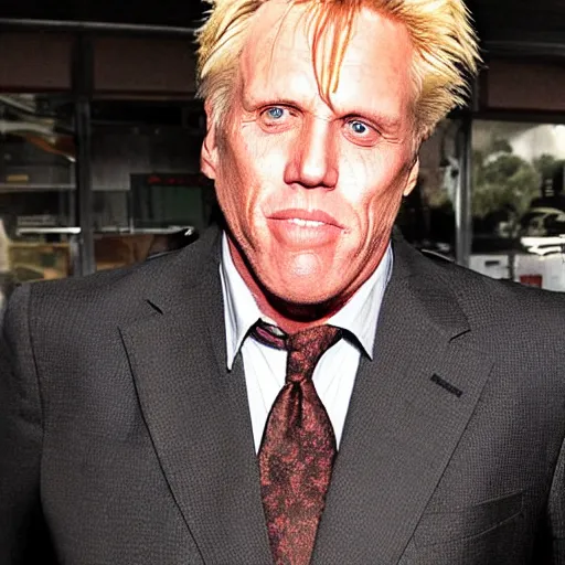 Image similar to gary busey, dirty in his face, wearing a messed up business suit