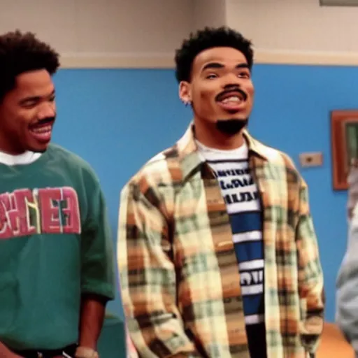 Image similar to a tv still of Chance The Rapper starring as a black college student at Jones College Prep in a 1993 sitcom